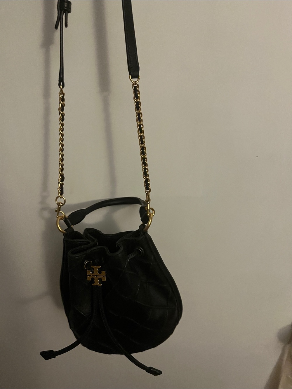 Mini Tory Burch Black Quilted Drawstring bucket bag/Crossbody with Gold Hardware